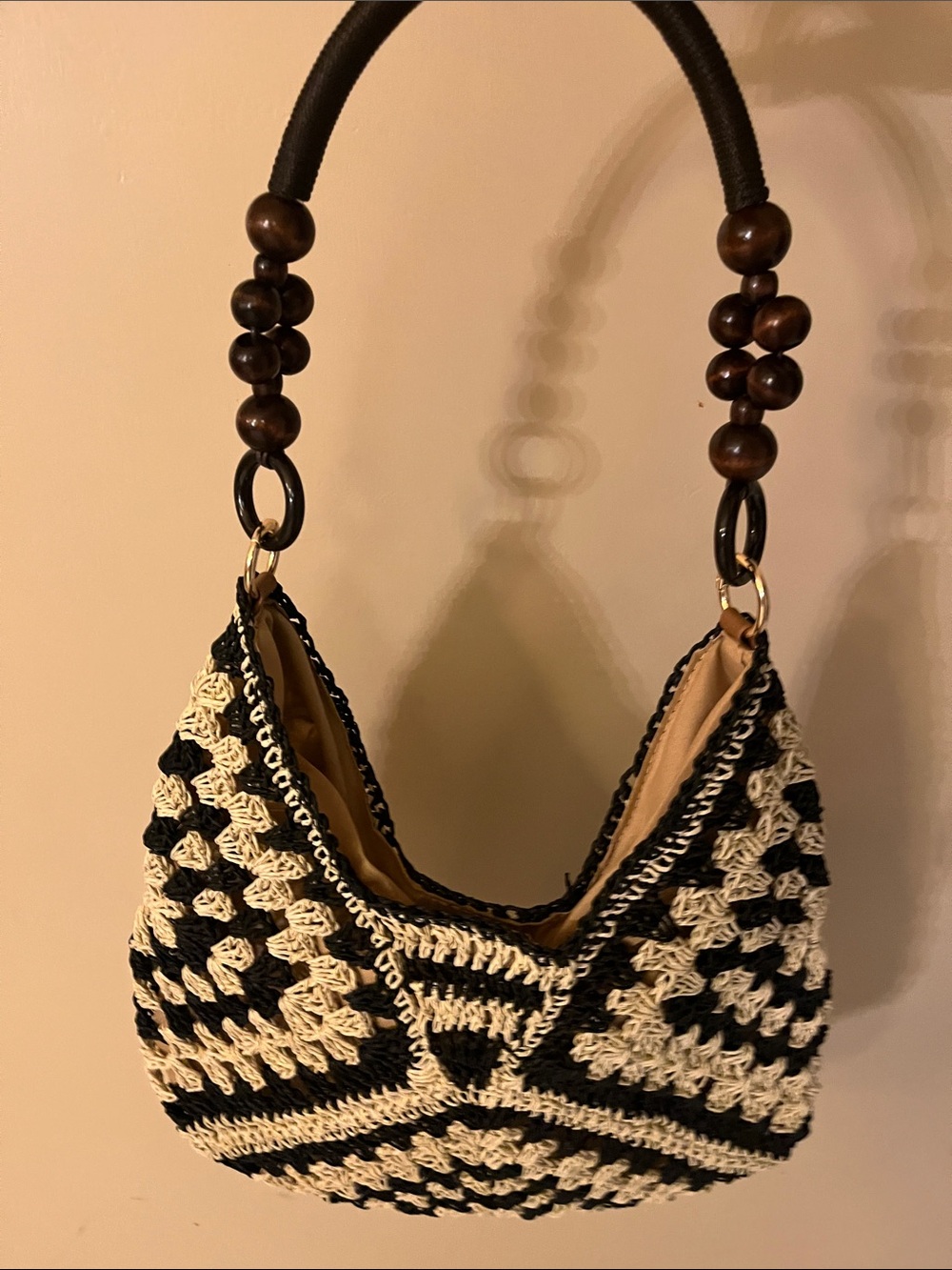 Handwoven Black and Cream Crochet Shoulder Bag - Picture 2 of 5